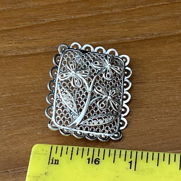 Vintage German Sterling Silver Antique Filigree Flower Brooch Pin - - Picture 6 of 6